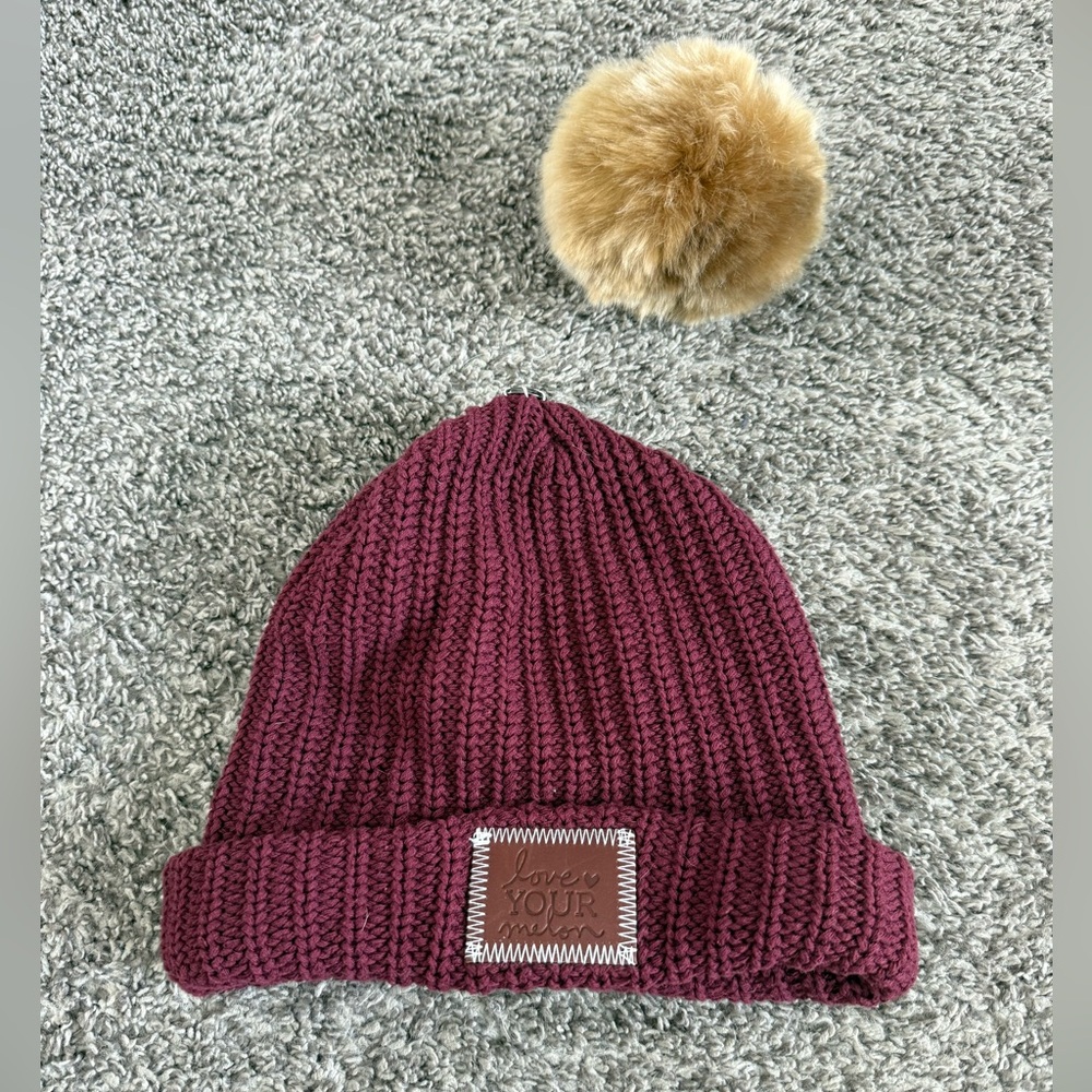 Love Your Melon Fitted Burgundy Knit Beanie with Detachable Faux Fur Pom